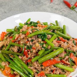 ผัดผักบุ้ง หมูสับ + ข้าว