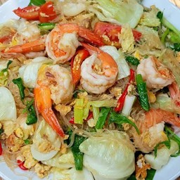 ข้าว กะหล่ำปลีวุ้นเส้นกุ้งสดผัดไข่
