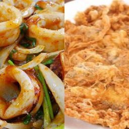 หมึกผัดพริกเผาราดข้าว แถม ไข่เจียวหมูสับราดข้าว