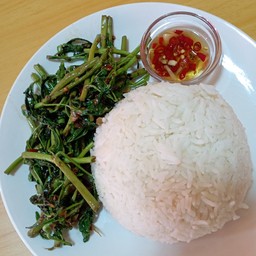 ผัดผักกระเฉดไฟแดงราดข้าว