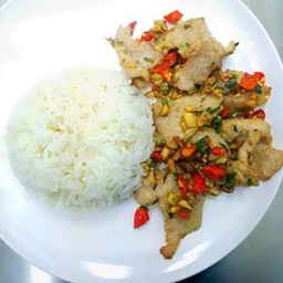 หมูสดผัดพริกเกลือราดข้าว