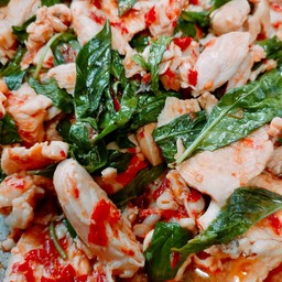 ข้าวราดผัดโหระพาพริกแห้ง