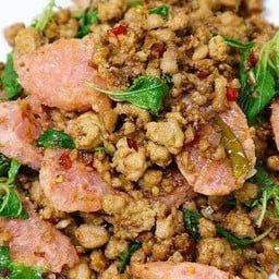 ผัดกะเพราแหนม+หมูสับ(ราดข้าว)
