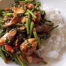 ผัดผักบุ้งราดข้าว