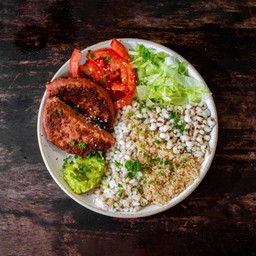 Plant-based Meat Burger-Guacamole Quinoa Bowl