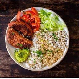 “Beyond Meat”  Burger-Guacamole Quinoa Bowl
