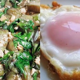 มะเขือยาวผัดไข่+ข้าว+ไข่ดาว