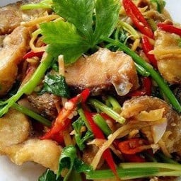 ข้าวราดเนื้อปลากระพงผัดขึ้นฉ่าย