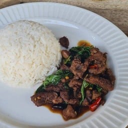 ข้าวกะเพรา เนื้อโคขุนหั่นเต๋า