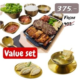 [เซตสุดฮิต] เซ็ตหมูหมักซอสโกชูจัง กับ แฮมเบิร์กหมูหรือเนื้อ. + มันดู (หมู) 6 ชิ้น (ขายดี)  นึ่ง หรือ ทอด + ออมุกกับน้ำซุป