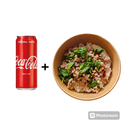 [อร่อยซ่ากับโค้ก] ข้าวผัดกระเพราหมูสับ +  โค้ก ออริจินัล (กระป๋อง)