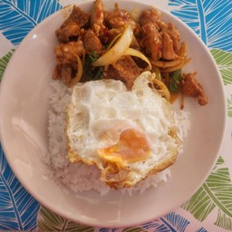 กระเพราหมูชิ้นราดข้าว+ไข่ดาว