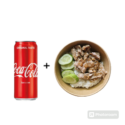 [อร่อยซ่ากับโค้ก] ข้าวหมูหมักทอดกระเทียม +  โค้ก ออริจินัล (กระป๋อง)