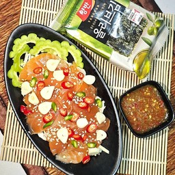 แซลมอนดองน้ำปลากวน+สาหร่าย+น้ำจิ้มรสแซ่บ