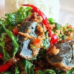 กระเพราไข่เยี่ยวม้าราดข้าว