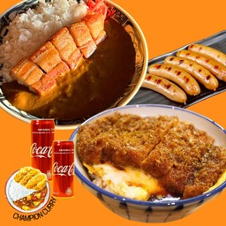 [อร่อยซ่ากับโค้ก] Set ข้าวหมูกรอบแกงกะหรี่+ข้าวหมูทงคัตสึไข่ข้น+ไส้กรอกอาราบิกิ5ชิ้น + 2 โค้ก ออริจินัล (กระป๋อง) 