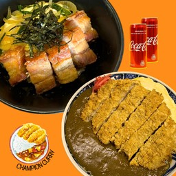 [อร่อยซ่ากับโค้ก] Set ข้าวหมูกรอบทงคัตสึ+ข้าวแกงกะหรี่หมูทงคัตสึไข่ข้น + 2 โค้ก ออริจินัล (กระป๋อง) 