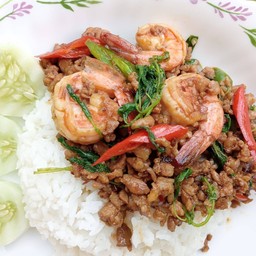 ข้าวกระเพรากุ้ง+หมูสับ