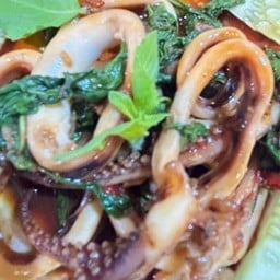 กระเพรา ปลาหมึก กับข้าว