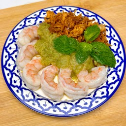 กุ้งลวกสะดุ้งชุดใหญ่  10-13 ตัว + น้ำจิ้มซีฟู้ด + หอมเจียว + ผักกระหล่ำปลีซอย