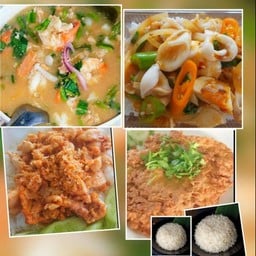 ต้มยำ+หมูทอดกะเทียม+ปลาหมึกผัดไข่เค็ม+ไข่เจียว(ฟรีข้าว2ถุง)