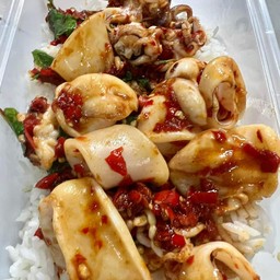 กะเพราราดข้าวหมู ไก่ หมึก กุ้ง หมูกรอบ