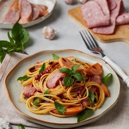 Stir Fried Spaghetti with Dried Chilli & Crispy Baconสปาเก็ตตี้ผัดพริกแห้ง เบคอน