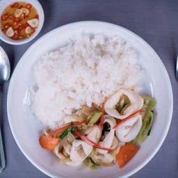 ผัดพริกหยวกปลาหมึกราดข้าว