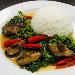ผักบุ้งไฟแดง ราดข้าว (เจ)