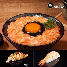 [เซตสุดฮิต] ข้าวหน้าแซลมอนแบล็คโอเชี่ยน + ซูชิแซลมอนบราวน์เทอริยากิ 2 ชิ้น + ซูชิกุ้ง