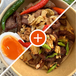[เซตสุดฮิต] ข้าวหมูทอดพร้อมไข่ไก่หรือไข่เป็ดต้ม + หมูชั่งขีดทอด 1 ขีด