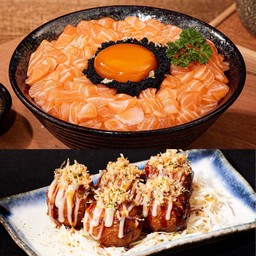 [เซตสุดฮิต] ข้าวหน้าแซลมอนแบล็คโอเชี่ยน + ทาโกะยากิ Takoyaki