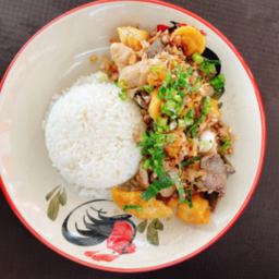 กระเทียมรวมมิตรราดข้าว.