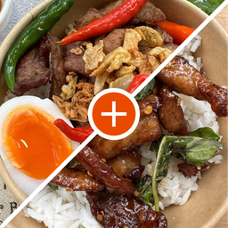 [เซตสุดฮิต] ข้าวหมูทอดพร้อมไข่ไก่หรือไข่เป็ดต้ม + กระเพราพริกแห้งหมูแดด