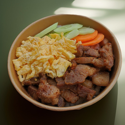 ข้าวคลุกน้ำพริกกะปิหมูสามชั่นทอดน้ำปลา