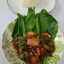 ยอดคะน้าหมูกรอบกระเพราพริกแห้ง(กับข้าว)