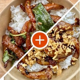 [เซตสุดฮิต] กะเพราพริกแห้งหมูแดด + ข้าวราดหมูแดดผัดซอสกระเทียมกรอบ