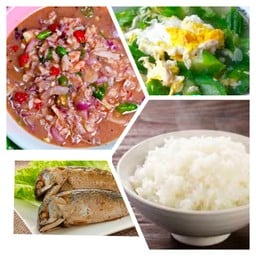 ข้าวน้ำขชุบขยำ แกงเลียงผักใส่ไข่ ปลาทู ลัง  ปลาหางเสียดแดดเดียว พร้อมผักสด