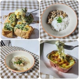 วันนี้กินอะไรดี มีข้าวต้มไก่ กับ ผักโขมอบชีส