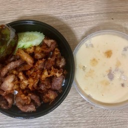 สันคอหมูทอดน้ำปลาราดข้าว+ไข่ตุ๋น