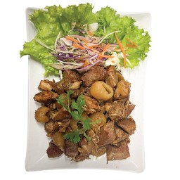 (กับข้าว)หมูตุ๋นลำไยทอดกระเทียม กับข้าว