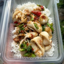 กระเพาปลาหมึกราดข้าว