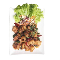 (กับข้าว)กะเพราพริกแห้งหมูตุ๋นลำไย กับข้าว