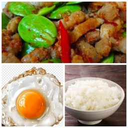 ข้าวราดหมู. ผัดสะตอ ไข่ดาว ไข่เจียว