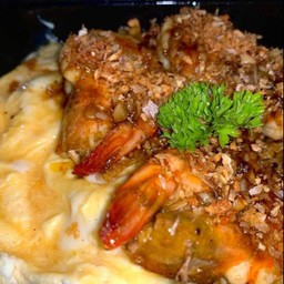 กุ้งกระเทียมราดข้าว+ไข่ข้น