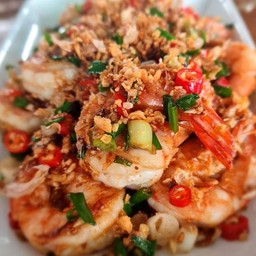 กุ้งคั่วพริกเกลือ กับข้าว