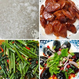 ข้าวต้ม 2+ยำไข่เยี่ยวม้า+ผัดผักบุ้ง+กุนเชียงทอด