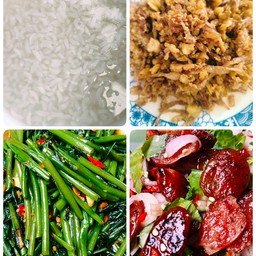 ข้าวต้ม 2 +ไชโป๊วผัดไข่ + ผัดผักบุ้ง+ ยำกุนเชียง