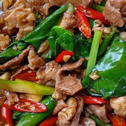ผัดคะน้าหมูชิ้นราดข้าว