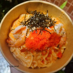 สปาเก็ตตี้ครีมซอส ไข่กุ้ง สาหร่ายเส้น